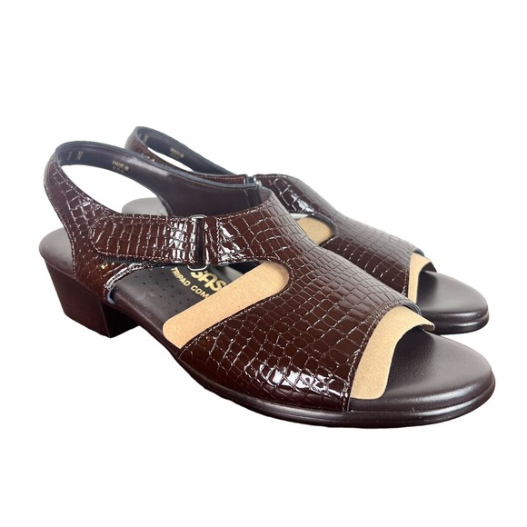 SAS Suntimer Sandals Women's 8 Narrow Brown Patent Leather Croc Block Heels - Picture 2 of 16